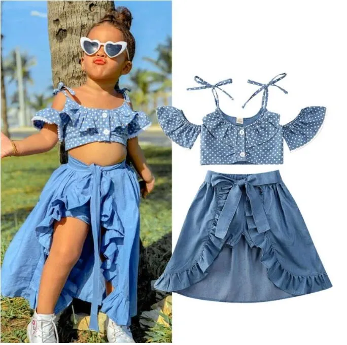 Toddler Baby Kid Girl Summer Clothes Sets Polka Dots Off Shoulder Tops + Ruffles Skirts+Shorts Outfits Kids Clothing