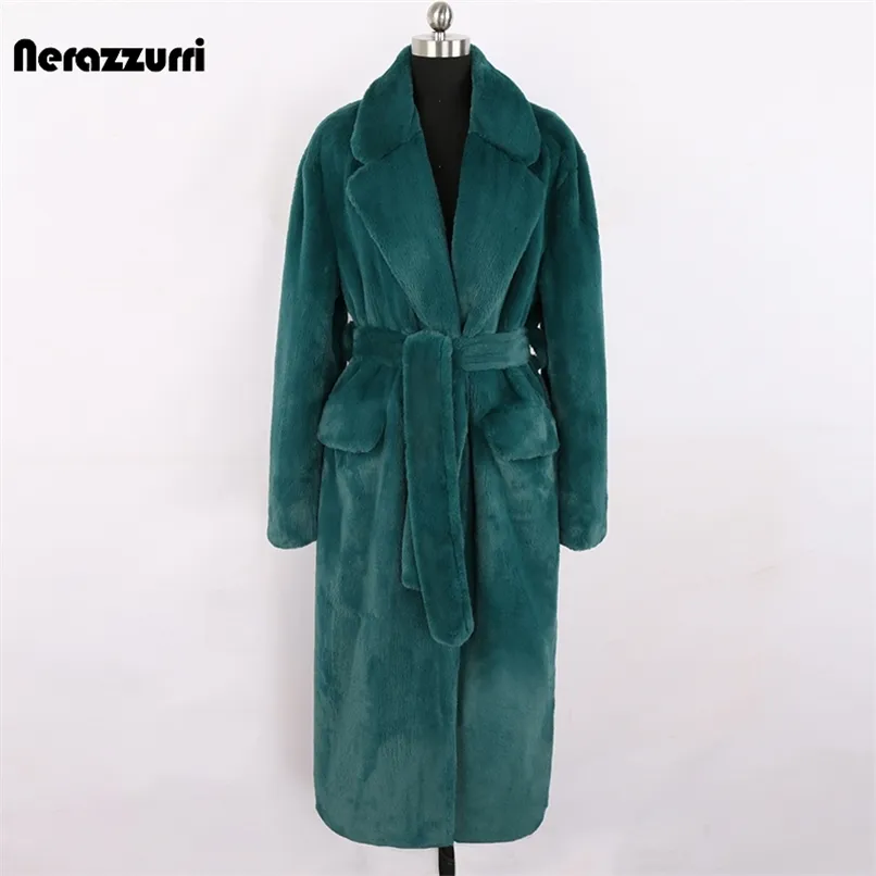 Nerazzurri Winter Long Green Warm Soft Loose Fluffy Faux Fur Coat Women Belt Lapel Elegant Luxury Designer Korean Fashion 211129