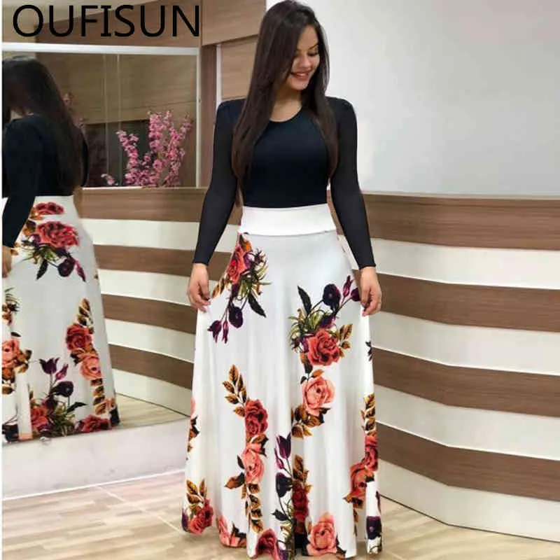 Oufisun Estate Casual Manica Piena Sottile Abito Lungo Moda O-Collo Stampa Partito Vintage Donna es Abiti Plus Size 5XL 210517