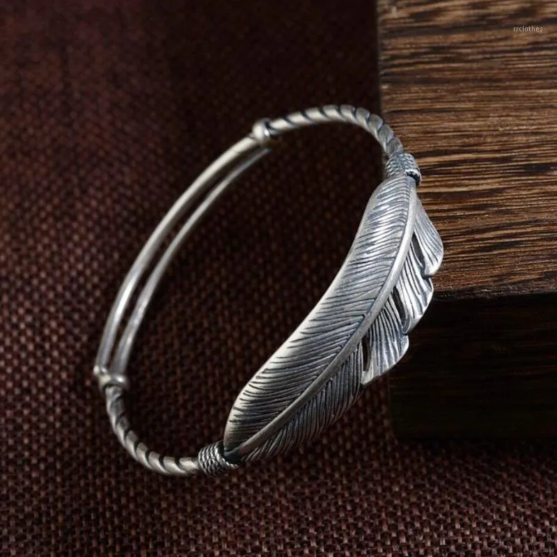 Sterling Silver Retro Feather Adjustable Bracelet Bangle Women A2469