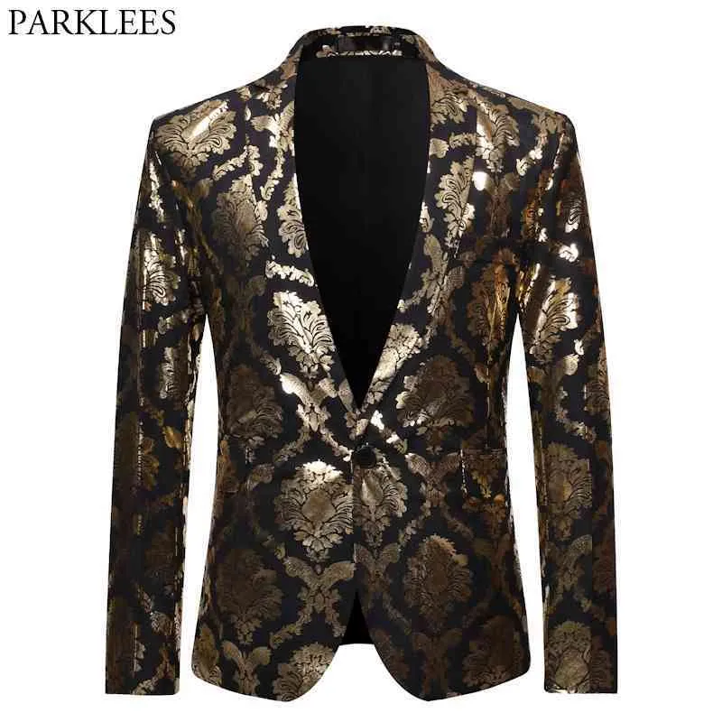 Mens Floral Gold Print Dress Suit Jacket One Button Slim Fit Stylish Blazers Men Dinner Wedding Jacket Blazer Male Prom Tuxedo 210522