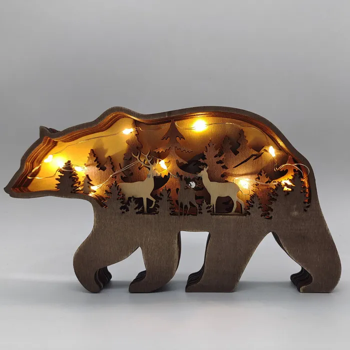 Forest Bear Christams Deer Craft 3D Laser Cut Wood Sculpture Figurine Home Decor Art Crafts Forest Animal Table Decoration Bear Statues Ornaments Room Decorating