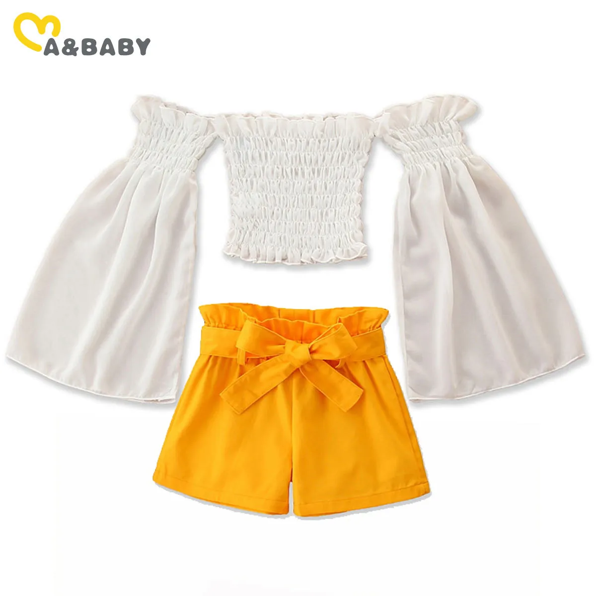 1-6Y Summer Toddler Barn Kid Girl Kläder Set Ruffles Långärmad T-shirt Skörd Tops Bow Shorts Outfits 210515