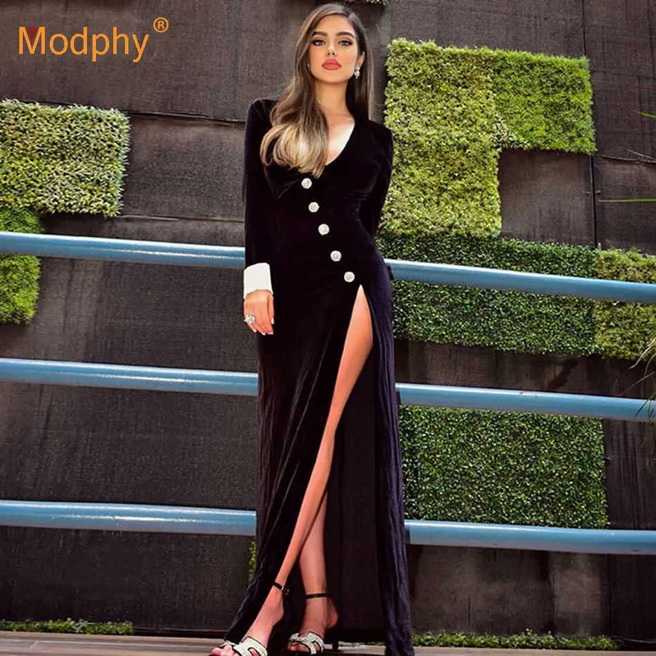 Trendig Crystal Knapp Design Sexig Deep V Neck High Split Celebrity Evening Party Velvet Maxi Long Dress 210527