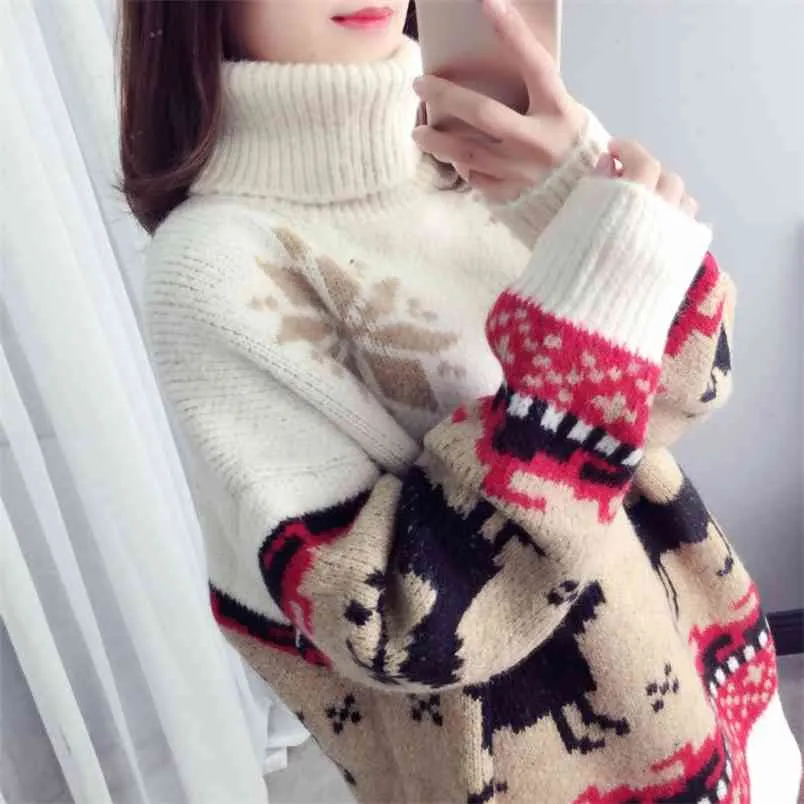 Net Red Sweater Women Loose Korean Version Lazy Wind Turtleneck Christmas Autumn And Winter Pullover 210427