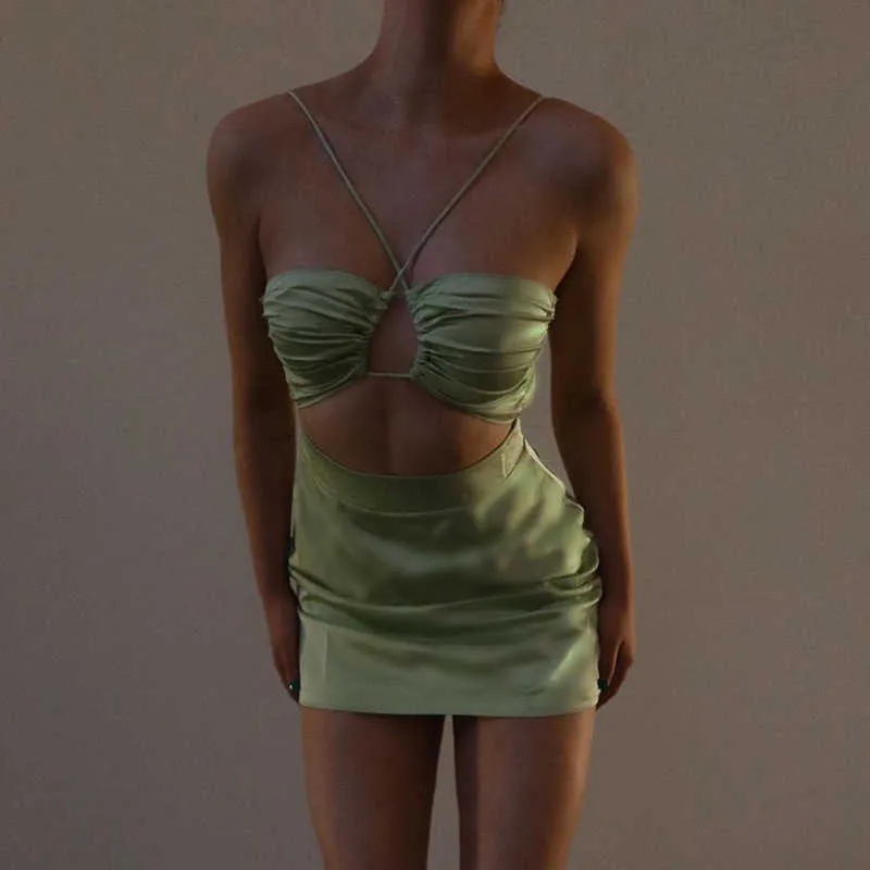 Elegante Vestido de Verão Halter Envoltório Praia Backless Cor Sólida Miniskirt Sem Mangas Clube Skinny Sexy Dress Bodycon para Mulheres 210712