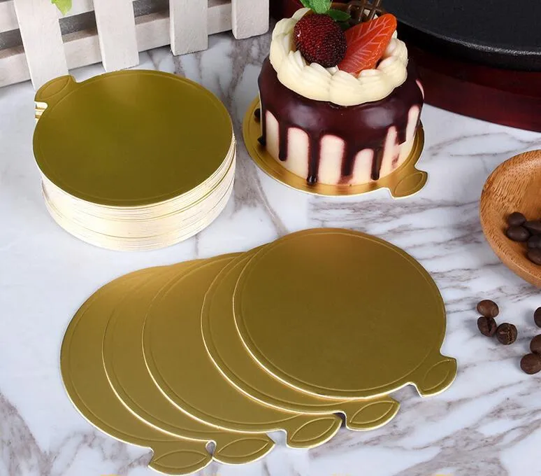 100pcs / set 8cm Round Mousse Cake Boards Gold Paper Cupcake Dessert Skärm Bricka Bröllop Födelsedagstårta Pastry Decorative Tools Kit