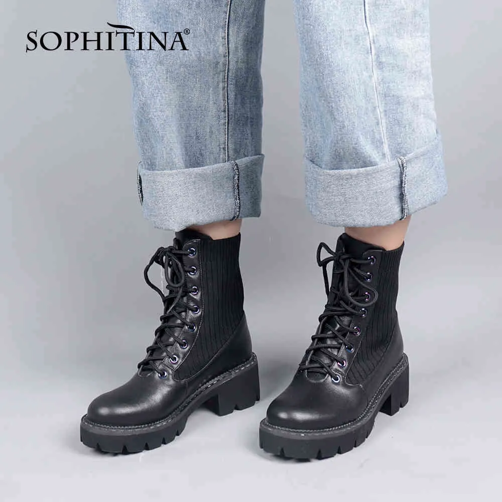 Sophitinaの女性の靴のファッションエレガントな快適な高品質の女性足首のブーツ編み物の編み物カジュアルな黒人女性ブーツC787 210513