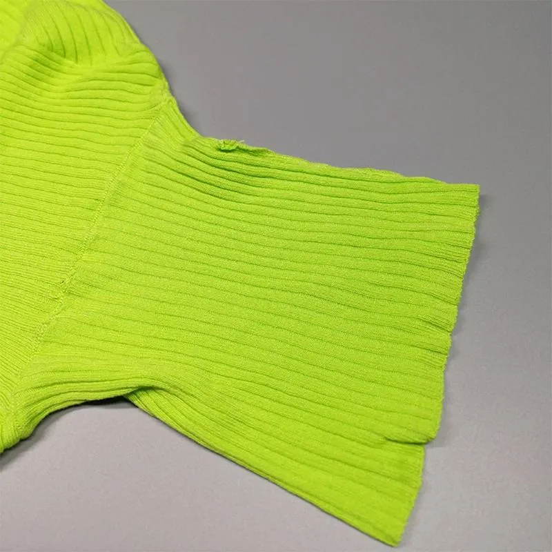 Neon Green Ribbed Knitted Bodycon Crop lap top with Long Sleeves