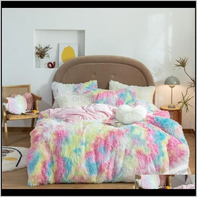 Satser Tillbehör Textili Hem Garden Drop Leverans 2021 Fluffy Veet 27 Färger Sängkläder Mink Fleece Duvet Er platt monterade arkkuddar