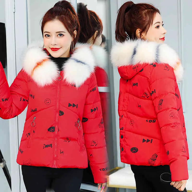 Femmes Parkas Veste Mode épais hiver hiver manteau à capuchon imprimé parkas avec grande fourrure Outwear 210524