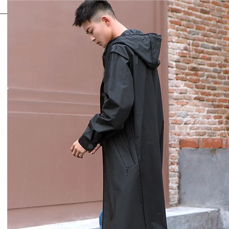 Men's Black Waterproof Long Raincoat – Hooded Trench Jacket For Outdoor Hiking – Lightweight Poncho Style - View #6