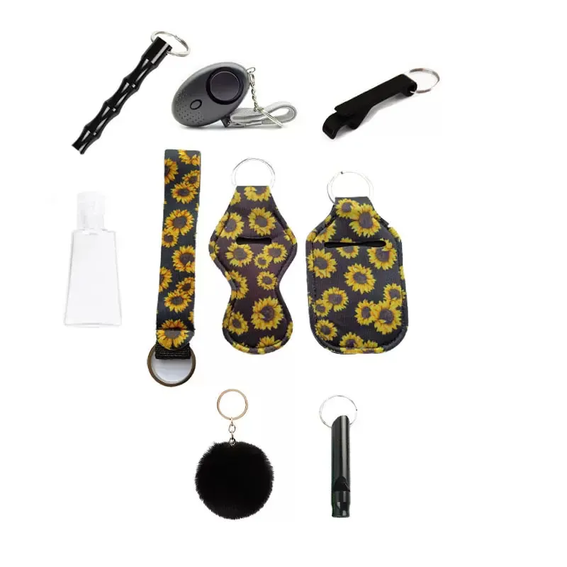 9 PCS Defense Key Rings ، تشمل الإنذار ، Pompom ، مطهر يدوي ، حزام معصم ، مفاتيح أحمر الشفاه ، صافرة ، فتاحة ، زجاجة فارغة 30 مل للدفاع عن النفس للدفاع عن النفس