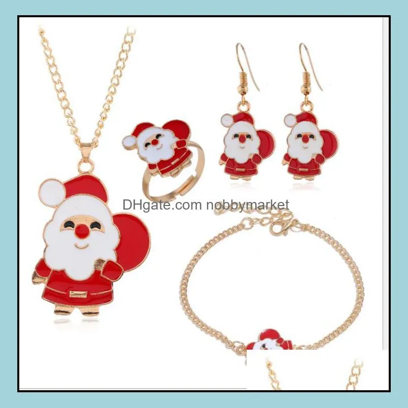 Christmas Jewelry Sets Santa Claus Xmas Tree Bells Elk Necklace Earrings Bracelet Ring 4pcs/set Kids Women Girls Christmas Gift