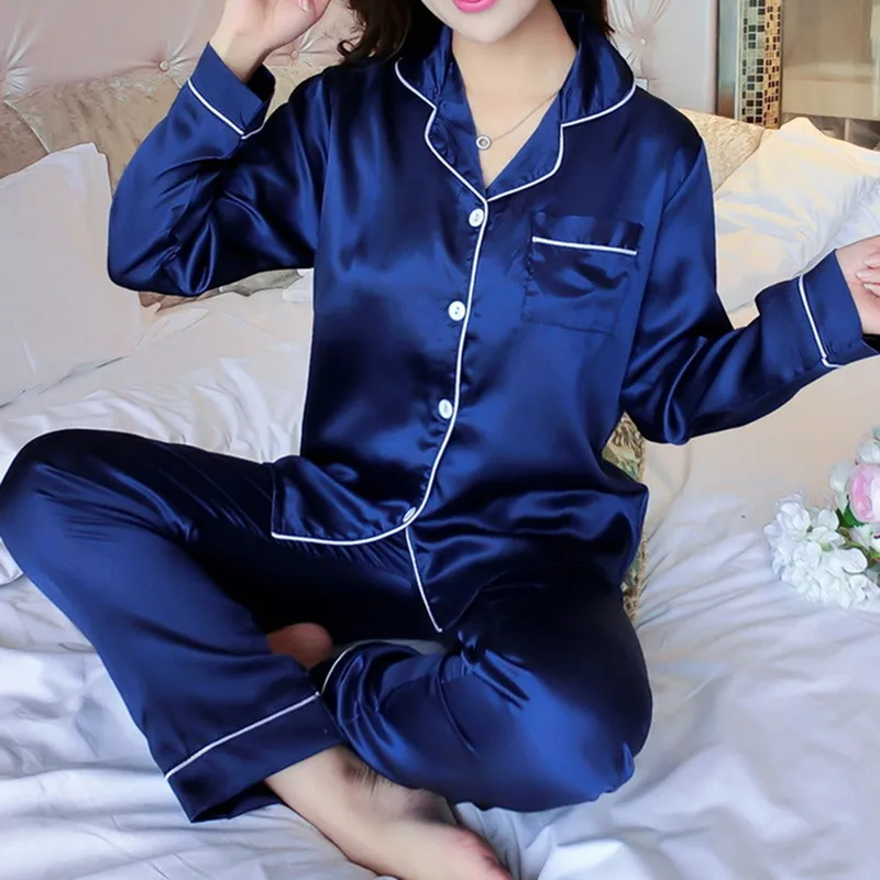 Faux Silk Pajamas Kobiety Wiosna Lato Z Długim Rękawem Piżamy Zestawy Pijama Pijama Pijamas Homewear Nightwear Set Loungewear X0526