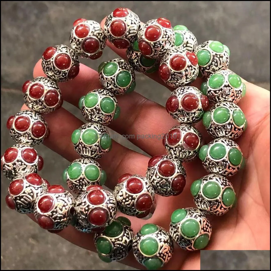 Metal Painting Arts, Crafts & Gifts Home Garden Antique Miscellaneous Wholesale Tibetan Sier Mosaic Jade Bracelet Diy Six Words Mantra Beade