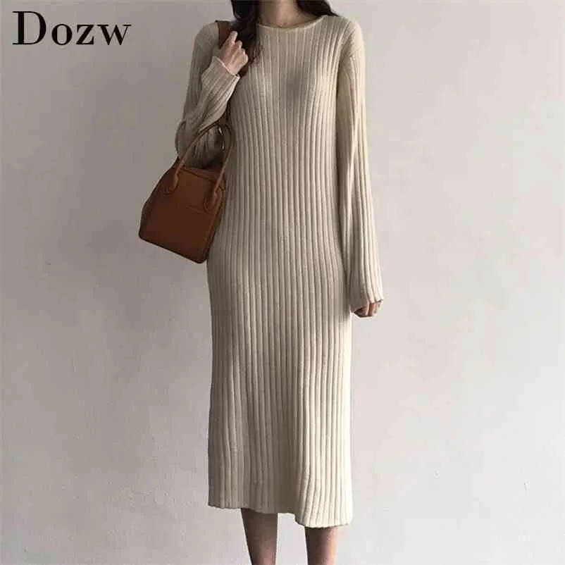 Women Knitted Long Dress Elegant Ladies O-neck Solid Sweater Autumn Winter Casual Knit Female Straight Soft Midi 210515