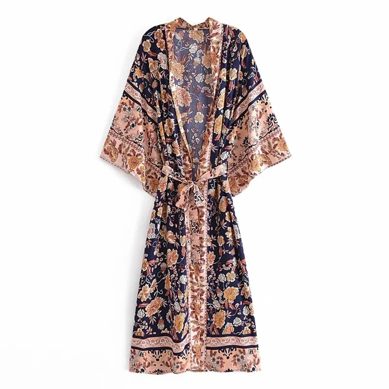 Casual vrouwen zachte katoenen v-hals jurk lente-herfst mode dames vintage elegante vrouwelijke gedrukte kimono 210515