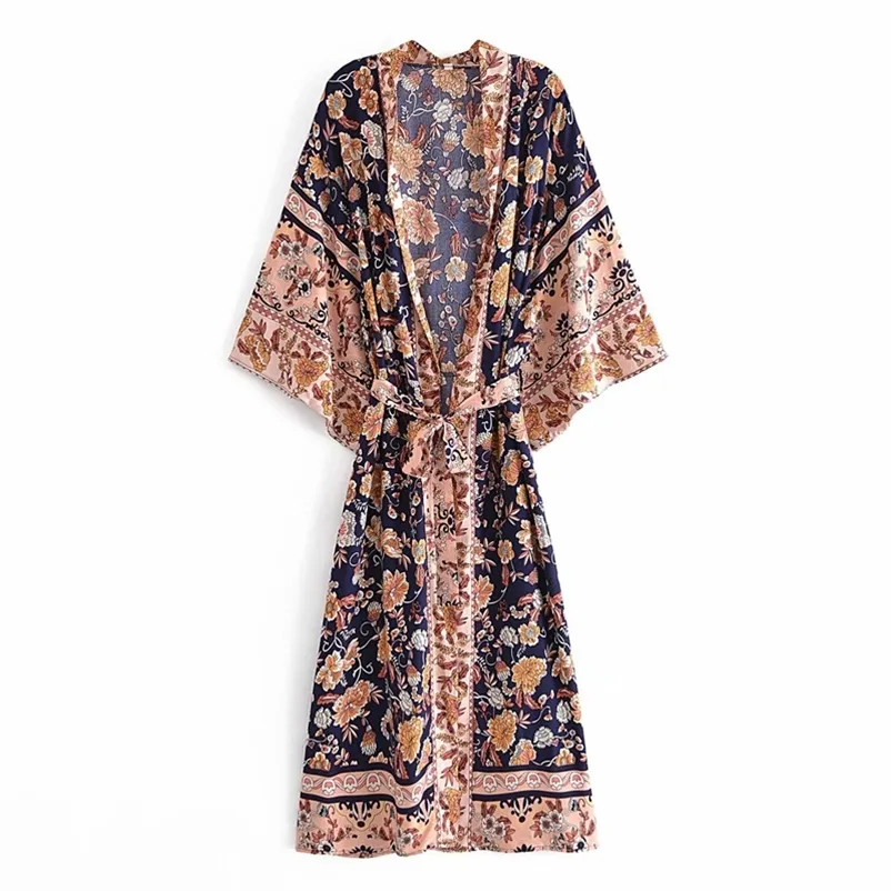 Casual Mulheres Macio Algodão V Pescoço Vestido Primavera-Outono Moda Senhoras Vintage Elegante Feminino Impresso Kimono 210515