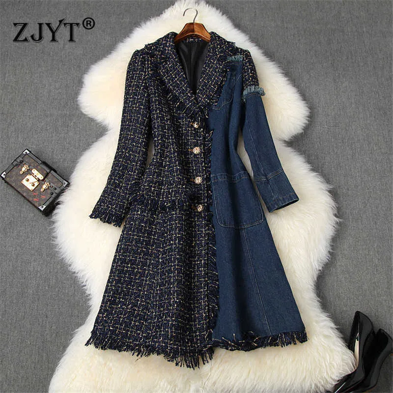 Runway Fashion Winter Tweed Woolen Jackor och Coats Kvinnor Denim Patchwork Plaid Vintage Long Ull Blend Overcoat Ytterkläder 210601