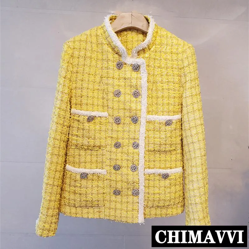 Giacche da donna 2021 Autunno e inverno Collo alla coreana di alta qualità Cappotto corto in lana Lady Elegante giacca in tweed doppio petto gialla