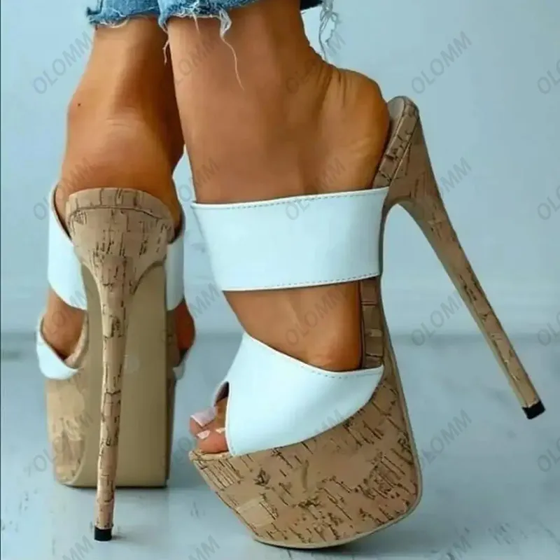 Olomm Handwork Kadın Mules Sandalet 5.5 cm Platform Seksi Stiletto Heels Peep Toe Muhteşem Beyaz Parti Ayakkabıları Us Boyut 5-20