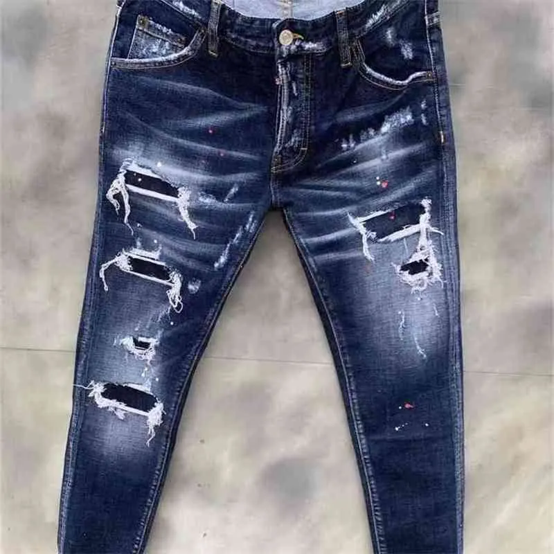 Dsq marque italie bleu hommes jeans pantalons hommes Slim Stretch denim pantalon fermeture éclair trou crayon pantalon pour hommes 9131 210716