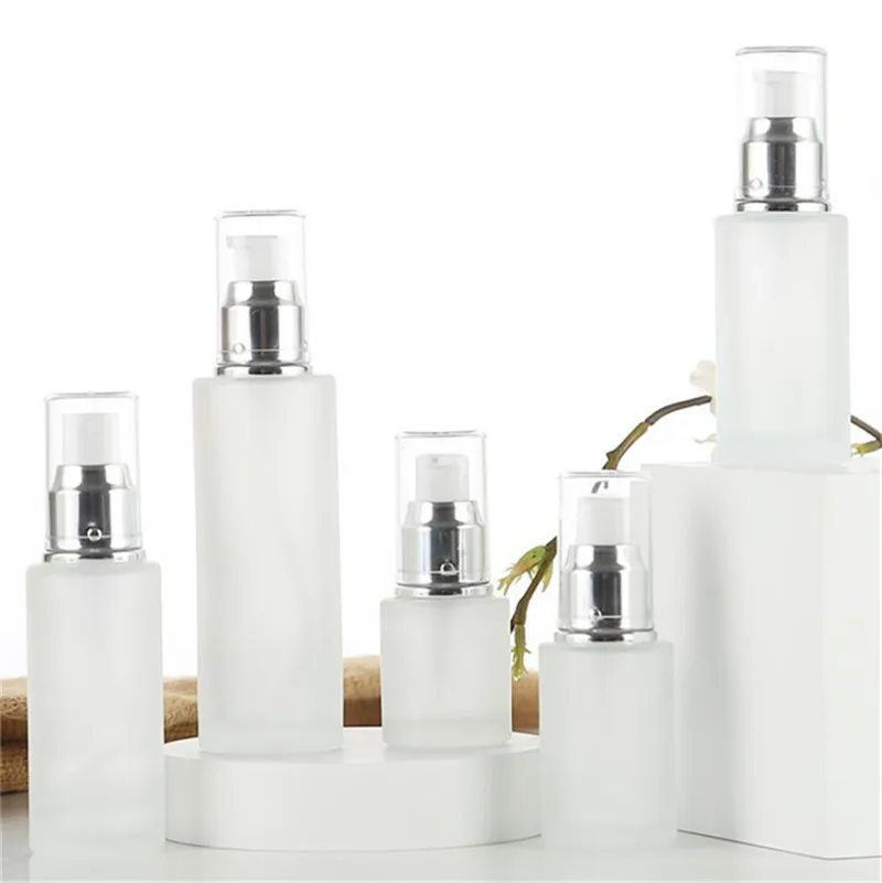 Bouteille en verre dépoli Emballage de voyage cosmétique Bouteilles de pompe de pulvérisation de lotion rechargeables 20 ml 30 ml 40 ml 50 ml 60 ml 80 ml 100 ml Récipient de cosmétiques vide