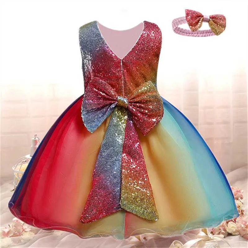 Baby kids meisjes prinses jurk + hoofdband 1e 2 jaar verjaardagsfeestje regenboog tutu doopjurk lovertjes doopkleding q0716