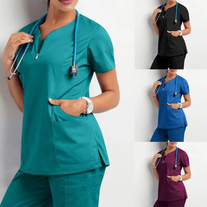 Mode Blouse Toppar Soild Kortärmad V-Neck Arbete Uniform Tryckskjorta Pet Scrubs Kostym