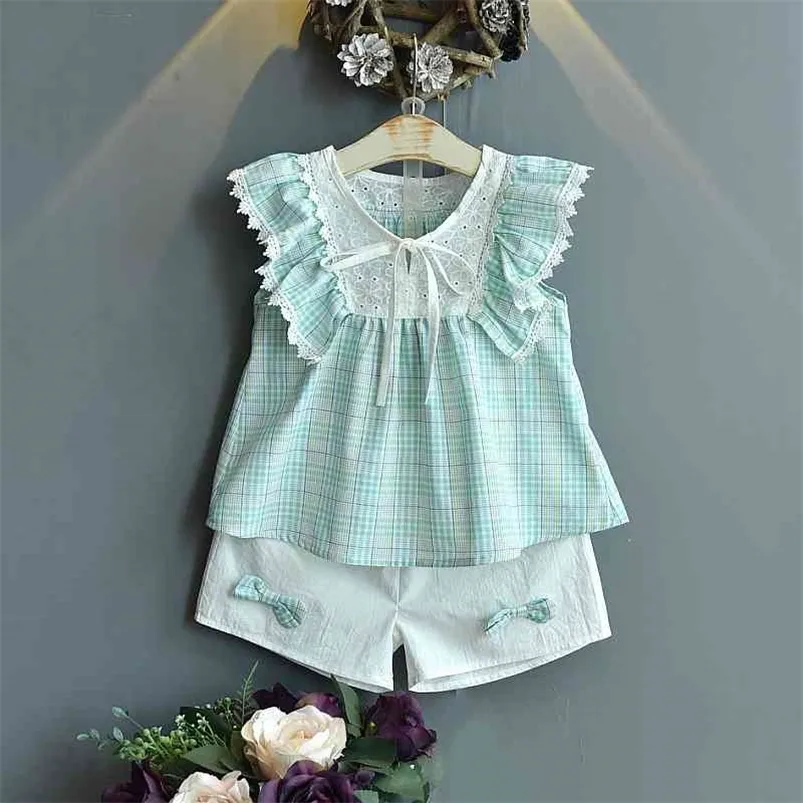 Gooporson sommar barnkläder plaid spets shirtbåge slips shorts mode koreanska små tjejer kläder seta söta barn outfits 210715