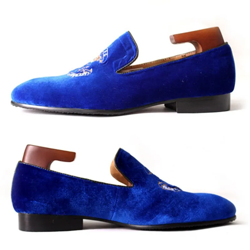 Handgjorda Royal Blue Men Loafers Velvet Broderi Lace Gentlemen Bröllopsklänning Skor