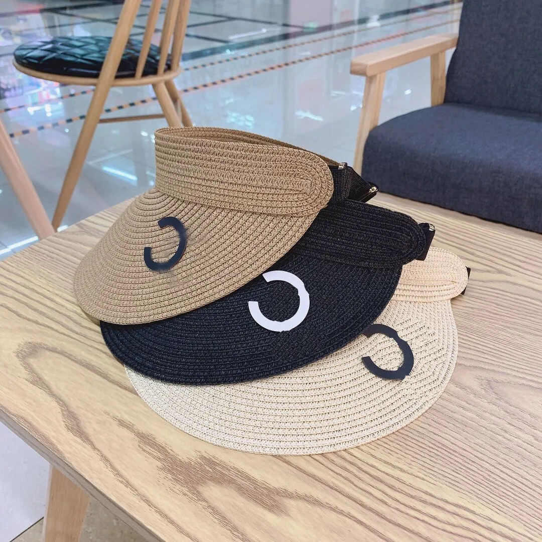 Fashion Designer Black White Lertter Print Straw Caps Without Top Holiday Beach Hat Womens Wide Brim Hats High Quality Su166L