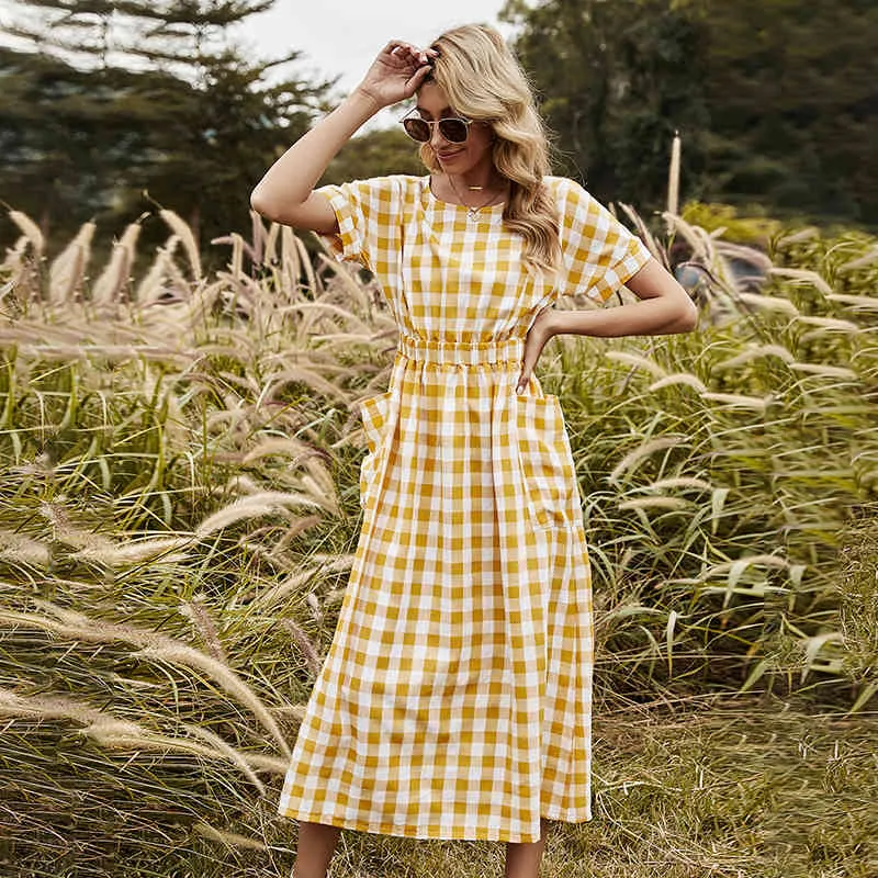 Summer Dress Women Cotton OL Casual Short Sleeve Elegant Dresses Female O-neck Plaid Yellow Dress Boho Robe Femme Long Vestidos 210521