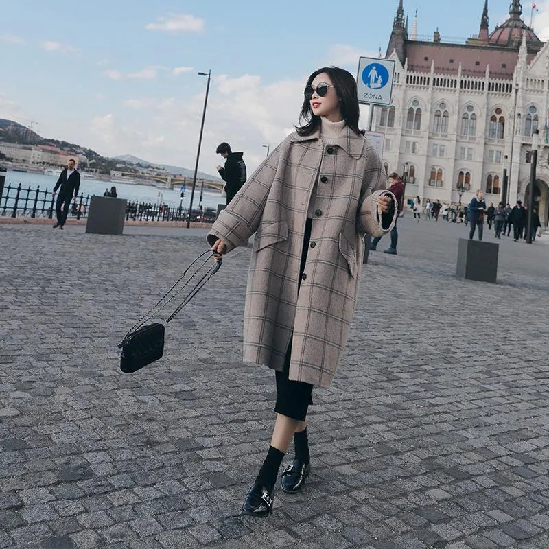 Women s Plaid Mid length Winter Wool Blend Woolen Coat 2024 Japanese Style Thickened Student Coat