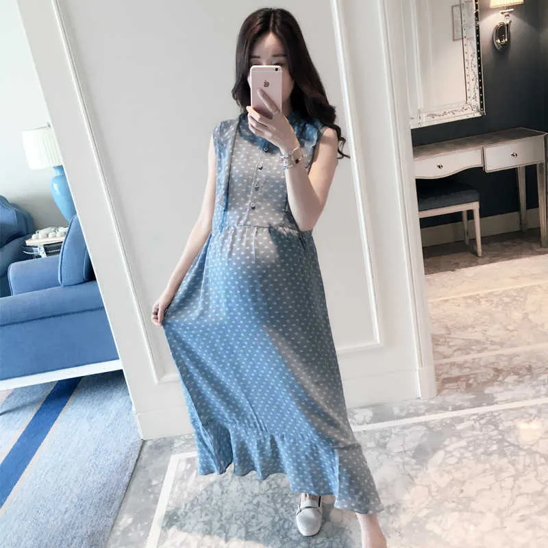 Maternity Dresses for Pregnant Women Sleeveless Long Dress Elegant Dot Summer Pregnancy Clothes