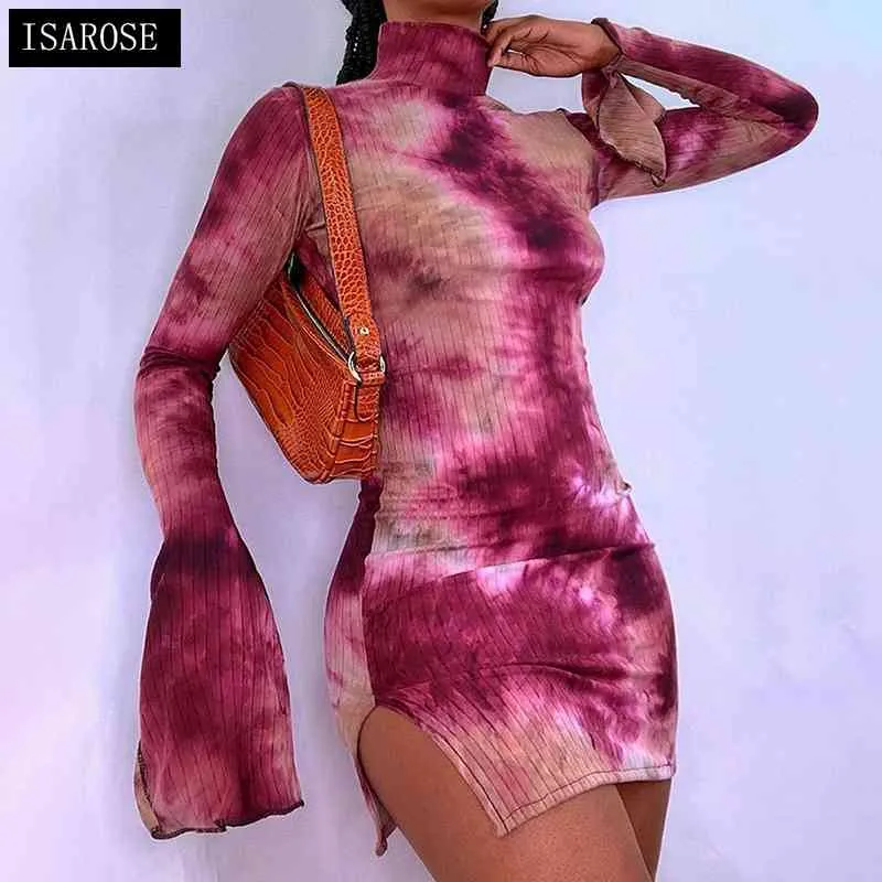 Isarose Tie-Dye Hoge Spleet Jurk Lente Turtleneck Ultra Long Flare Sleeve Stretch Sexy Slanke Mini Jurken Party Club Outfit 210422