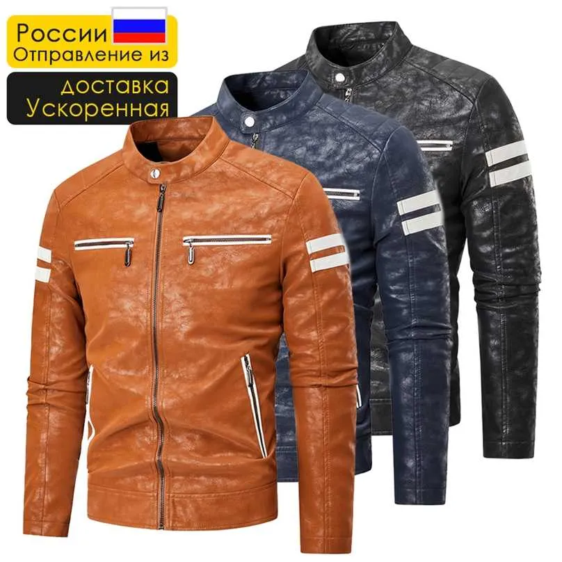 Män Autumn Brand Casual Motor Distressed Leather Jacket Coat Män Vinter Vintage Outwear Fleece Faux Leather Jackets Men 220125