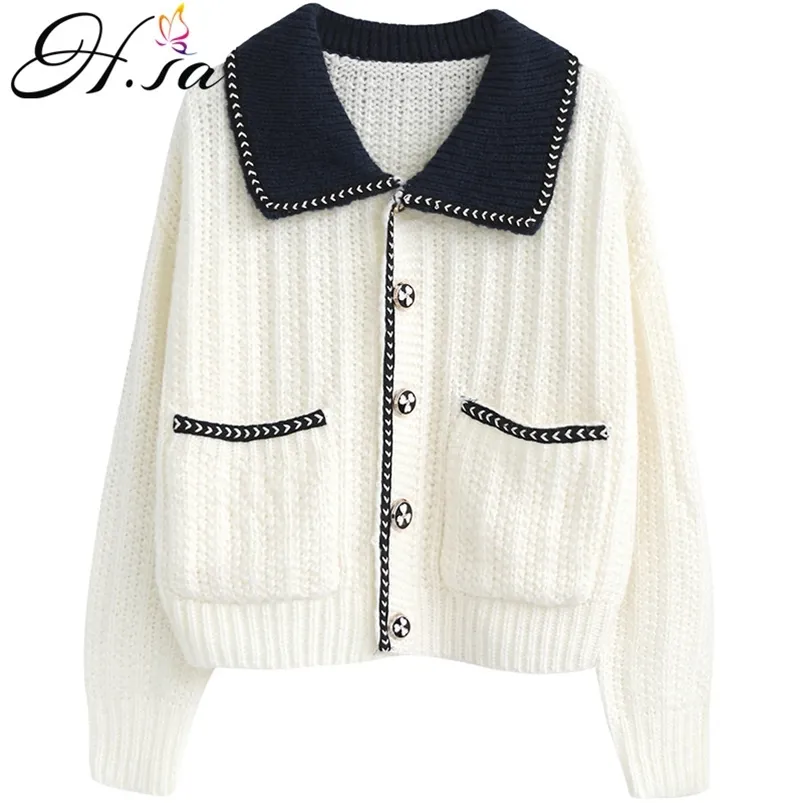 女性の秋のセーターとカーディガンは襟の白いニットボタンパールエレガントなカーディガンジャンパー210430