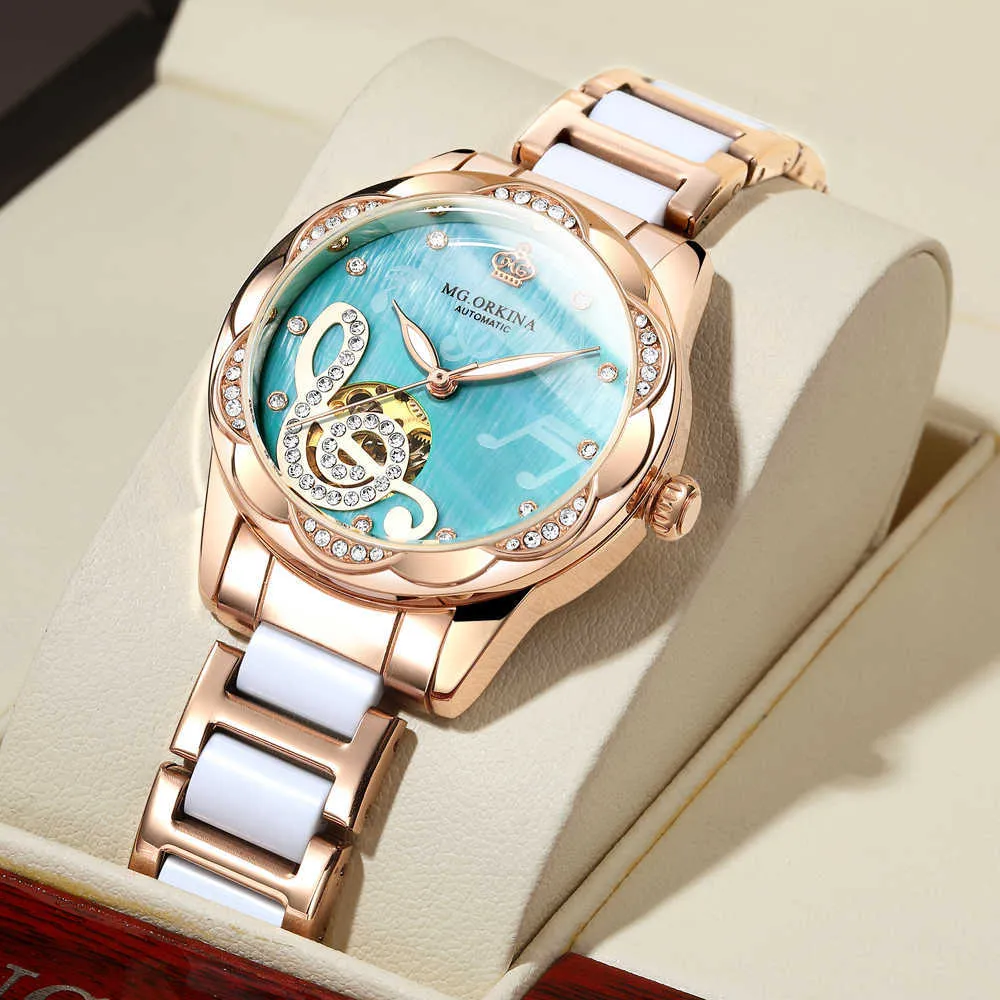 Designer Mechanical Watche Luxury Top Brand Ceramic Rostfritt Stål Diamantmusik Ladies Automatic Armbandsur 210616