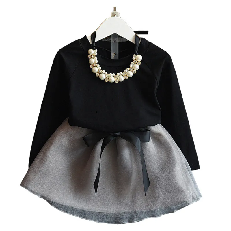 Bebê meninas vestido terno chegada primavera outono roupas pretas top + cinza mini saia bom presente 3-7 anos 210515