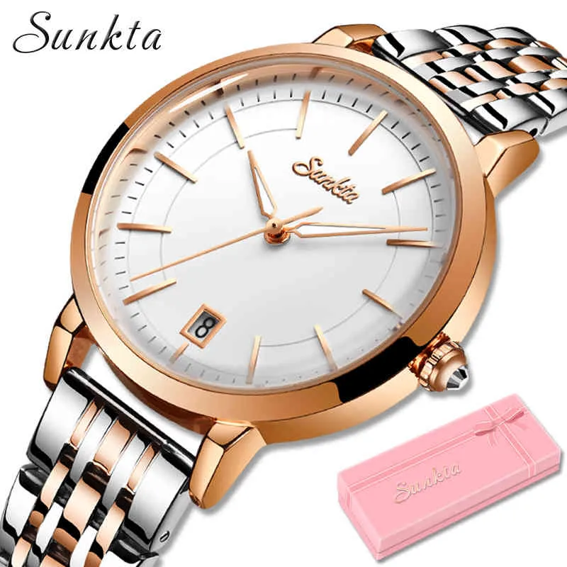 SUNKTA Rose Gold Watch Women Watches Luxury Brand Bracelet Female Wrist Watch Sport Waterproof Quartz Clock Relogio Feminino+Box 210517