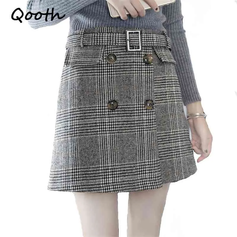 QOOD Herfst Rokken Damesmode Plaid Rok Casual Khaki Grijze Mini Korte Skort met Sjerpen Riem Veilig Pant Binnen QH999 210518