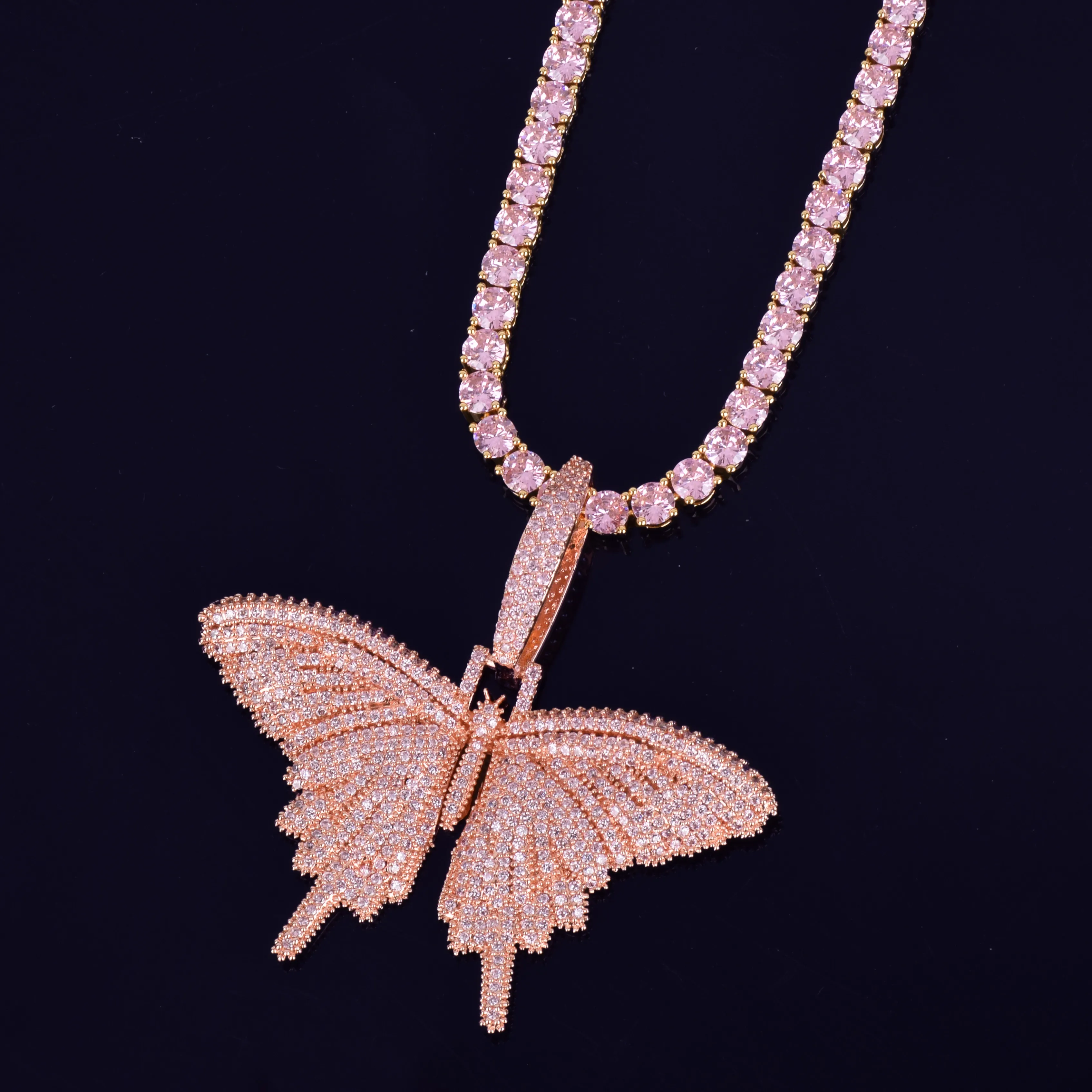 Collier pendentif papillon Animal rose, chaîne de Tennis, chaîne cubaine, couleur or, Zircon cubique, bijoux Hip hop Rock pour hommes