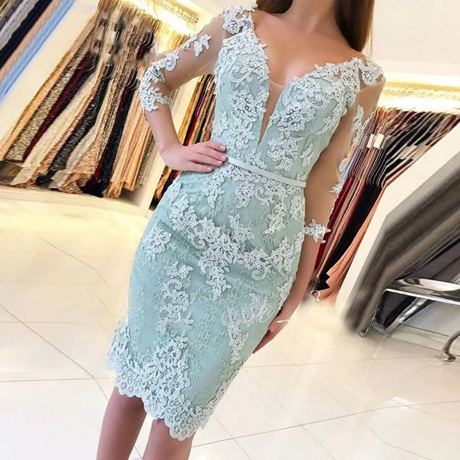 Knee Length Cocktail Dress 2021 Women Sexy Illusion 3/4 Sleeve Lace Applique Party Dresses White Gowns Short Vestido Coctel