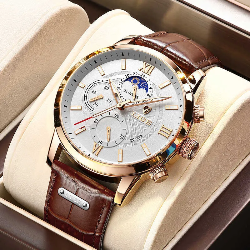 LIGE Fashion Leather Waterproof Quartz Clock Mens Watches Top