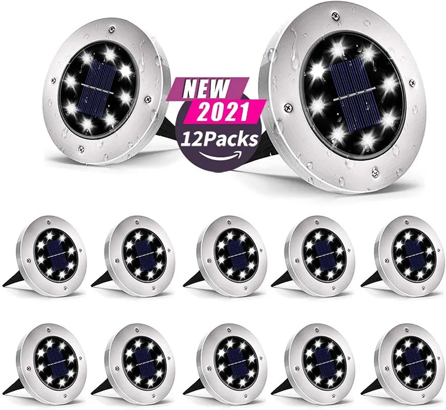 Lampade solari 12Pack Luci da terra alimentate Luci da ponte impermeabili da giardino con 8/12/16/20 LED Lampada per prato da giardino