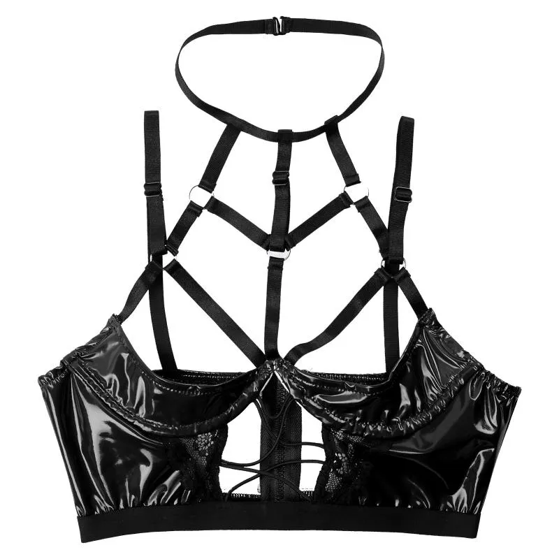 Cupless Halter Neck Strappy Bondage Bra Top Sexy Patent Leather