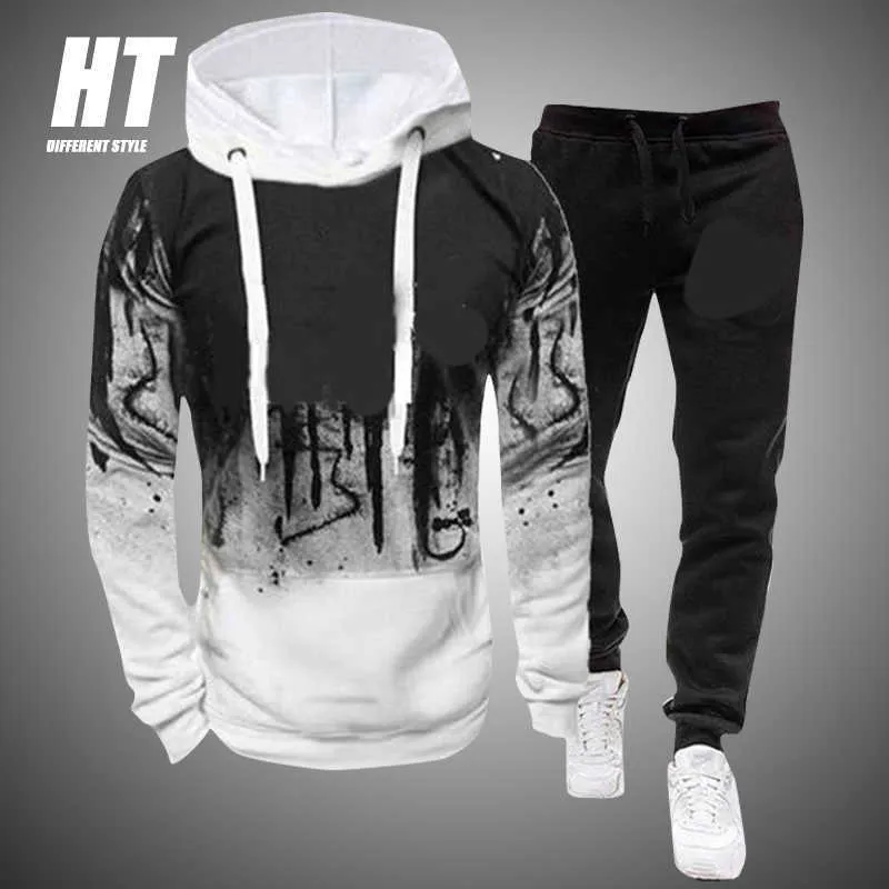 2 Stuks Trainingspak Mannen Herfst Splash Ink Hooded Sweatshirt + Broek Trekkoord Hoodie Mannen Sportwear Pak Casual Mode Mannelijke Set 210603