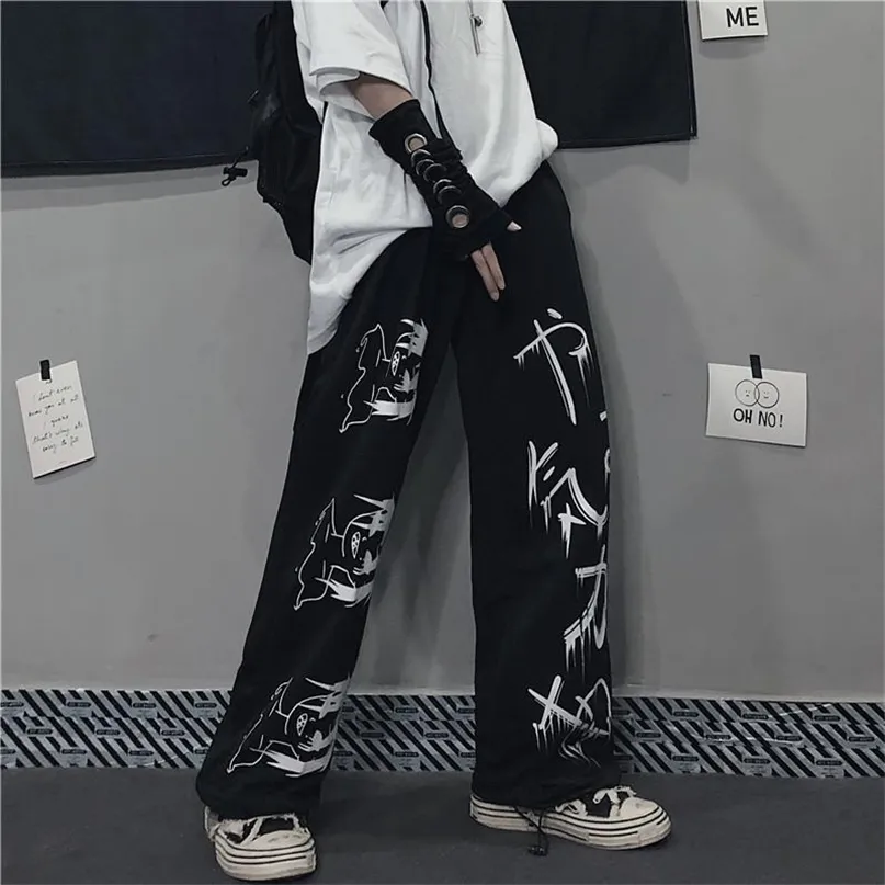 QWEEK Japanese Anime Print Druk Kobiety Vintage Streetwear Oversize Szeroki Noga Spodnie Jogging Casual Spodnie Kobieta Mall Goth 211115